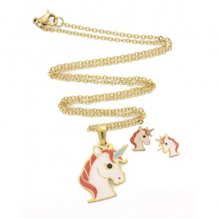 Σετ κολιέ και σκουλαρίκια μονόκερος σε χρυσό χρώμα από Ανοξείδωτο Ατσάλι