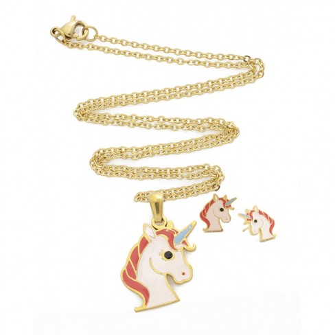 Σετ κολιέ και σκουλαρίκια μονόκερος σε χρυσό χρώμα από Ανοξείδωτο Ατσάλι